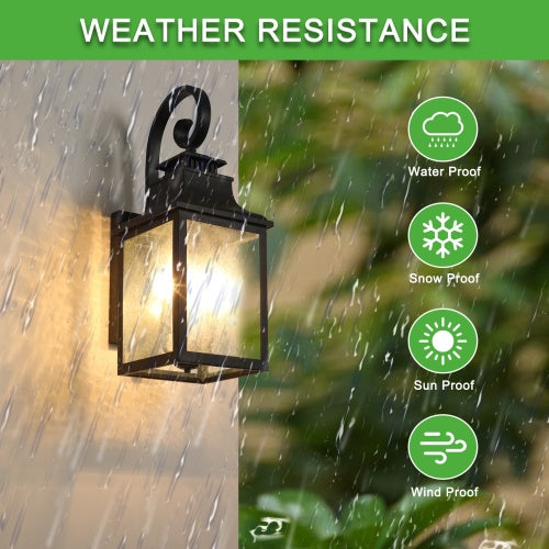 Outdoor wall light fixture with weather resistance features highlighted