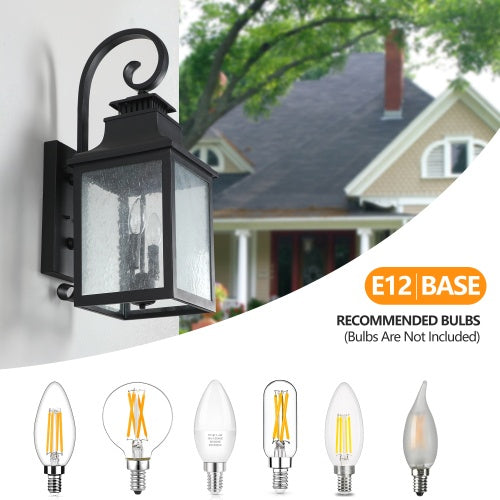 Outdoor wall light fixture with recommended bulbs displayed on a house background